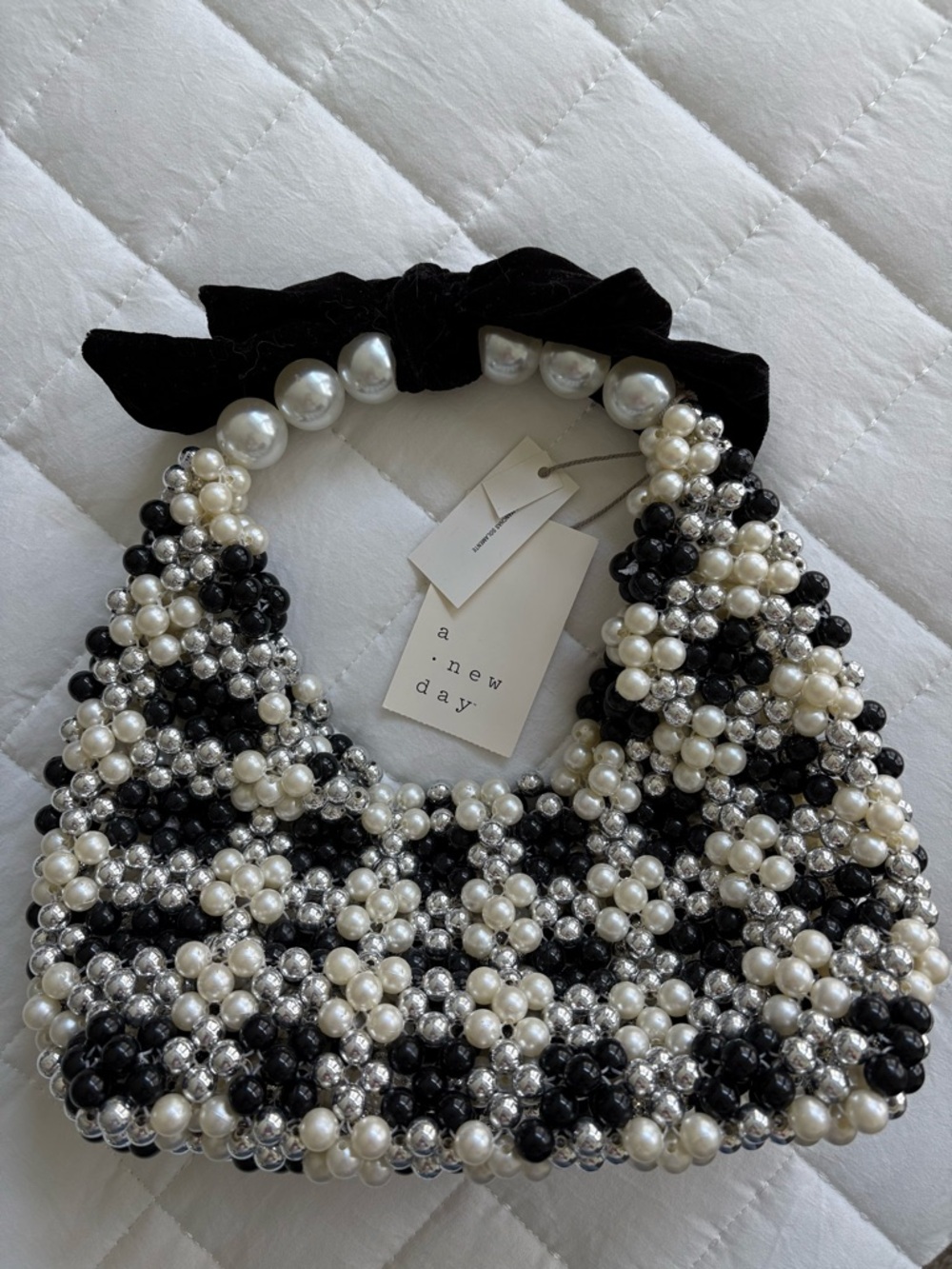 TARGET a new day Black, White & Silver Beaded Checkered Clutch Black Velvet Bow